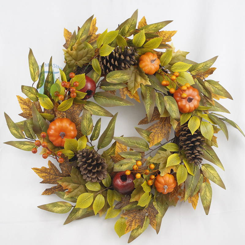 Senmasine 24 بوصة إكليل اليقطين الخريفي مع أوراق صناعية وفاكهة الرمان وكوز الصنوبر وديكور حصاد الخريف
