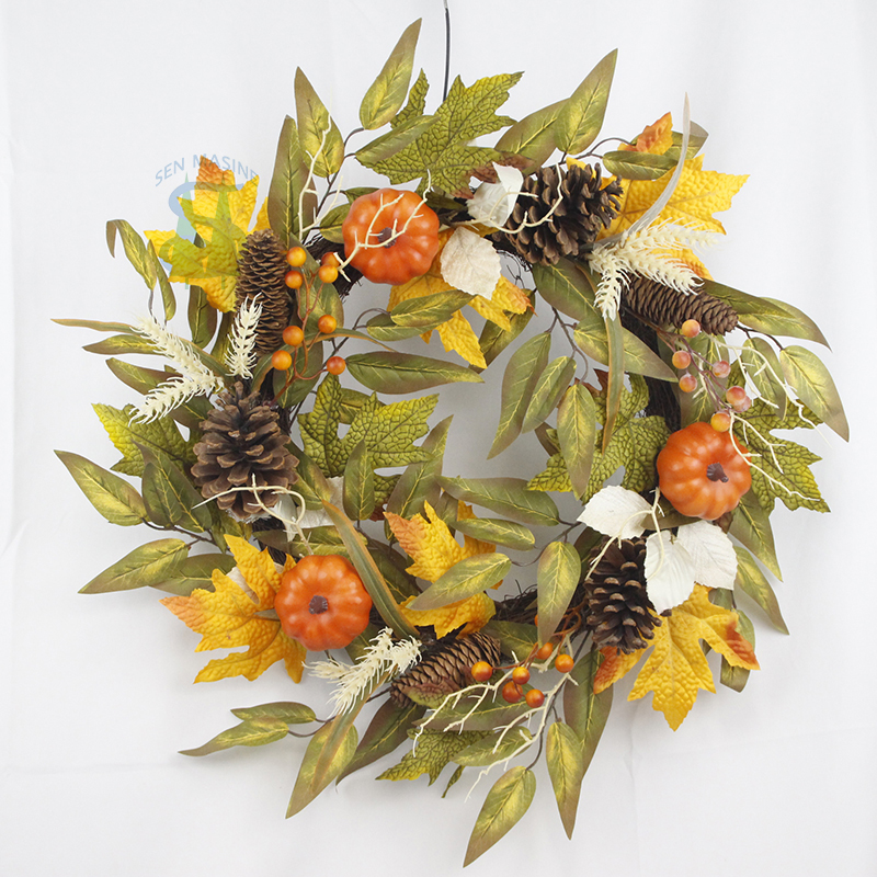 Senmasine 24 inch autumn pumpkin wreath with pinecone artificial maple leaves orange berries fall harvest decor