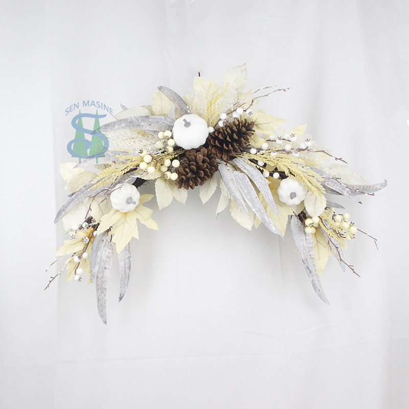 Senmasine 24 inch fall harvest Arrangement garlands mixed pinecone white pumpkin artificial maple leaves autumn wreath