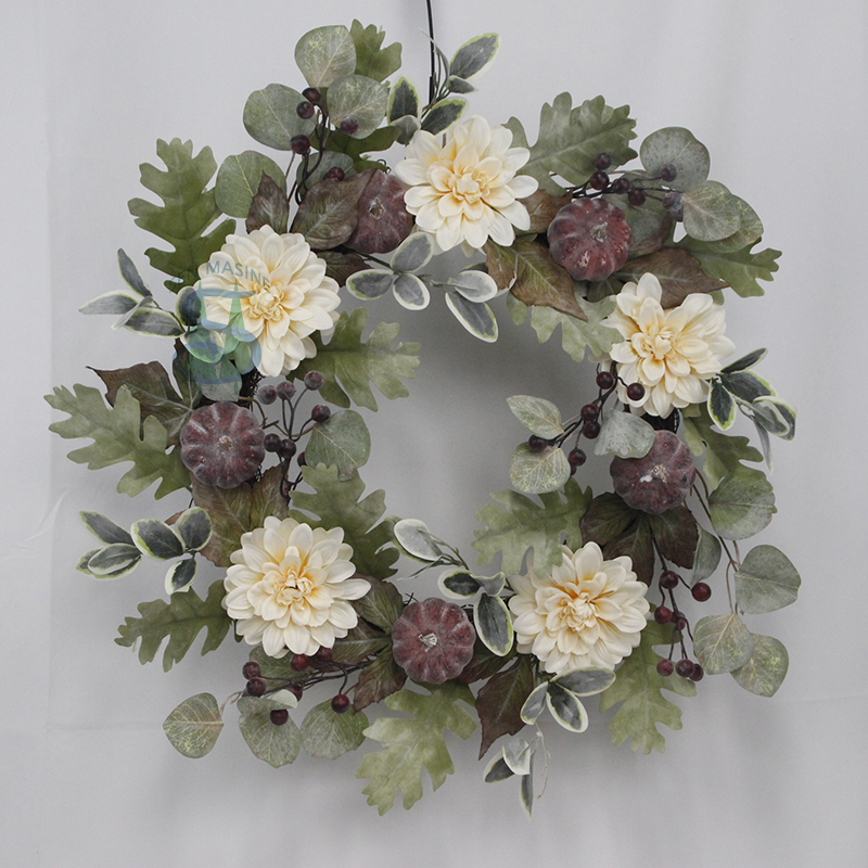 Senmasine 24 inch pumpkin fall harvest wreath with pumpkin pinecones berries artificial peony flower eucalyptus leaves