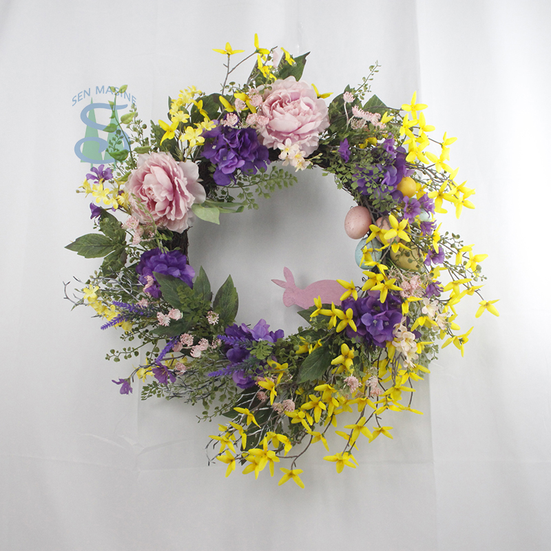 Senmasine 24 インチイースター春の花輪玄関ドア吊り下げ装飾ウサギのプラスチックの卵造花緑の葉