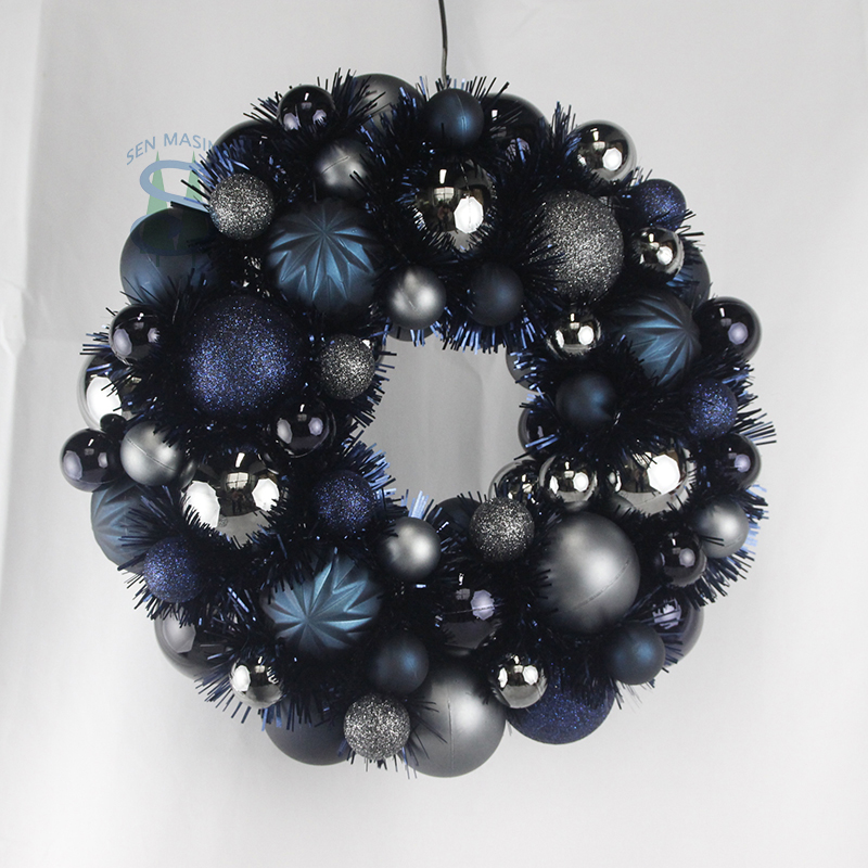 Senmasine – couronnes de boules de 33cm avec guirlandes à paillettes, boules suspendues en plastique gris bleu, décoration de festival de noël