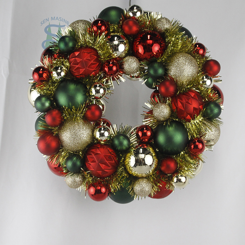 Senmasine 33 厘米球小玩意花环带金属丝红色绿色闪光金色塑料装饰品圣诞悬挂装饰