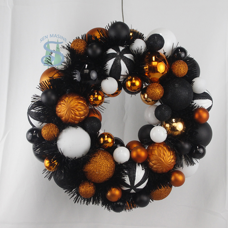 Senmasine 33 厘米球花环带金属丝白色黑色橙色塑料小玩意前门悬挂装饰