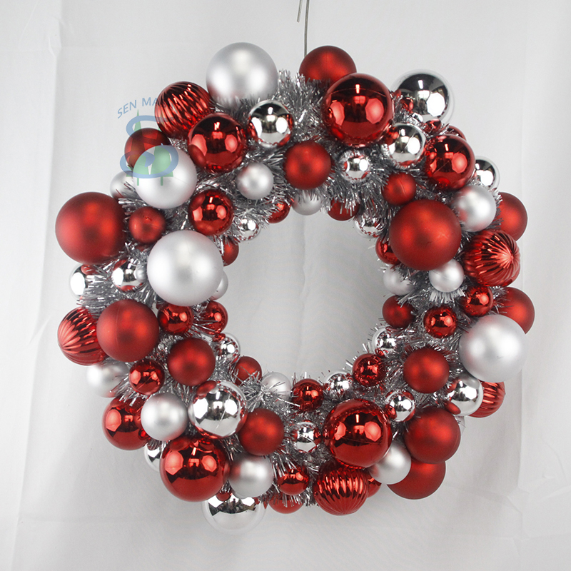 Senmasine 40cm Christmas ball wreaths with tinsel red sliver ornaments baubles party xmas hanging decoration