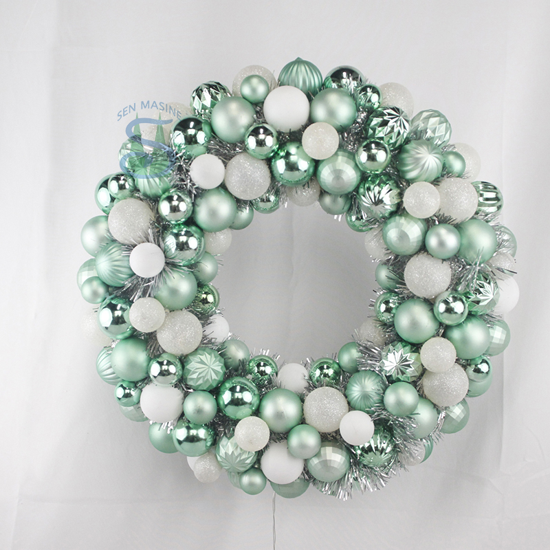 Senmasine 40cm Christmas balls baubles wreath with tinsel green white hanging ornaments xmas party home decor