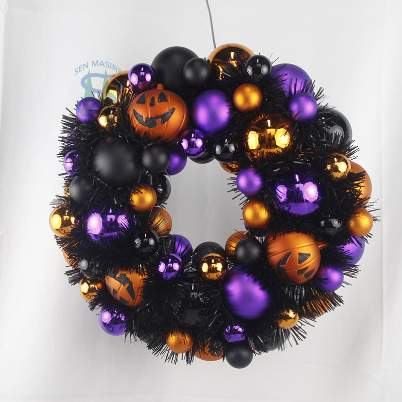 Senmasine 33cm Halloween balls wreath with tinsel orange pumpkin baubles purple black ornaments party hanging decor