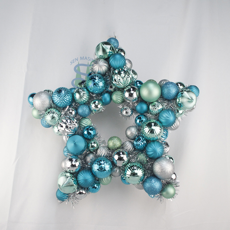Senmasine 50cm star shaped wreath with tinsel mixed blue green sliver plastic baubles ball front door hanging decor