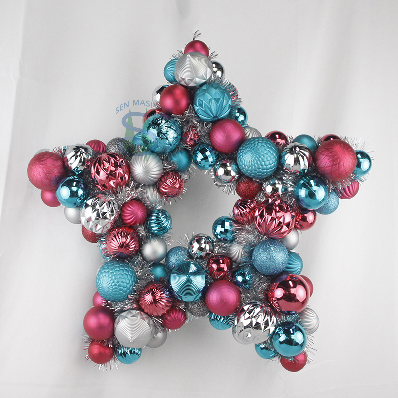 Senmasine 50cm star shaped wreaths with tinsel mixed colorful plastic baubles ball festival hanging ornaments