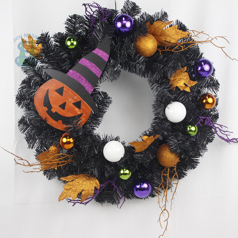 Senmasine 24Inch Front Door Halloween Wreaths with Smiling face wooden sign Maple Leaf hanging decor