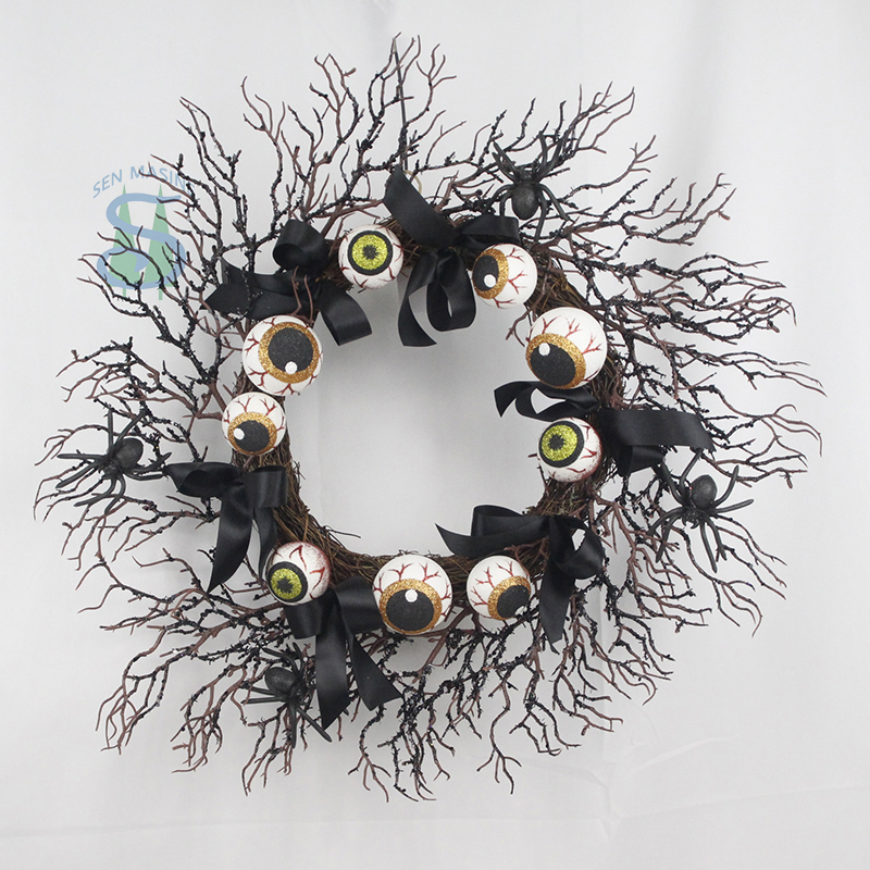 Senmasine 24Inch halloween black branches wreath with eyes ornaments front door party hanging decoration