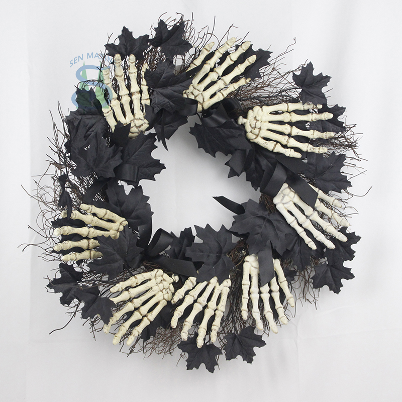 Senmasine 24 Inch Halloween Skeleton Hand Wreaths with black maple leaves dead branches party hanging decoration