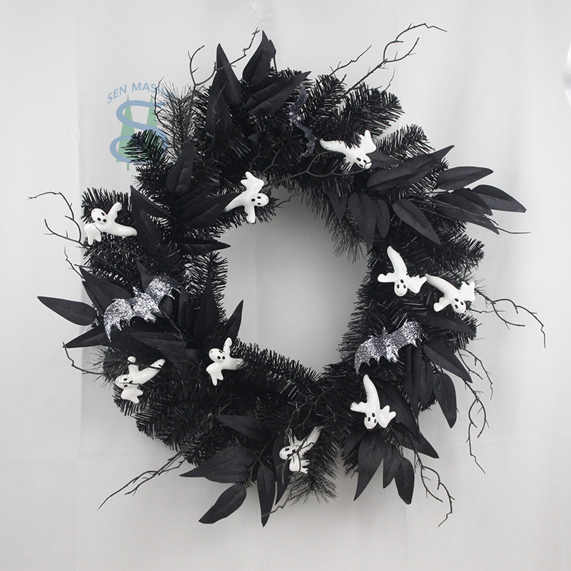 Senmasine 24Inch white Ghost Halloween Wreath with spider black pine needle artificial leaves party decoration