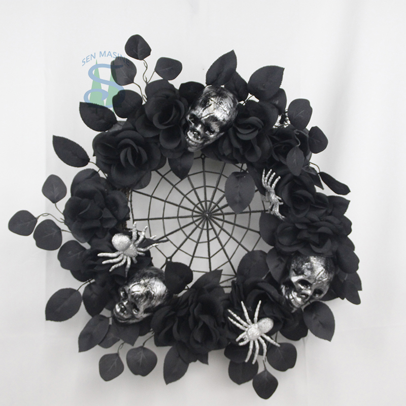 Senmasine 24Inch Halloween Door Wreaths with Black Leaf artificial flowers Rose Ghost Head Spider party decor