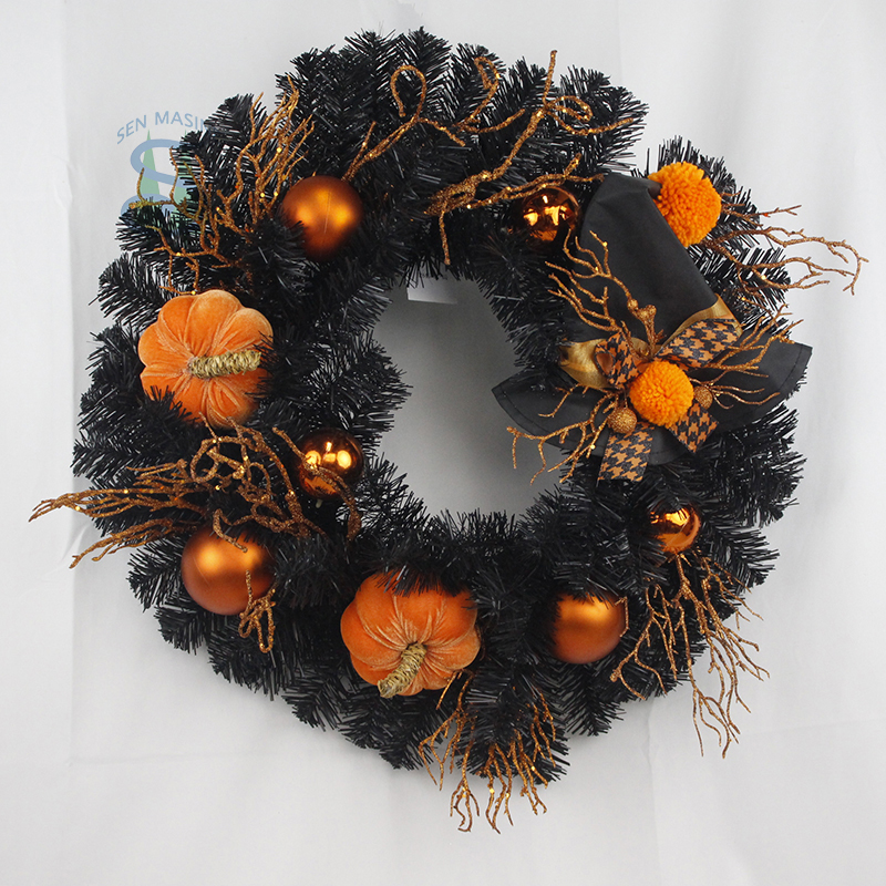 Senmasine 24Inch halloween door decoration wreath with black pine needle pumpkin glitter branch