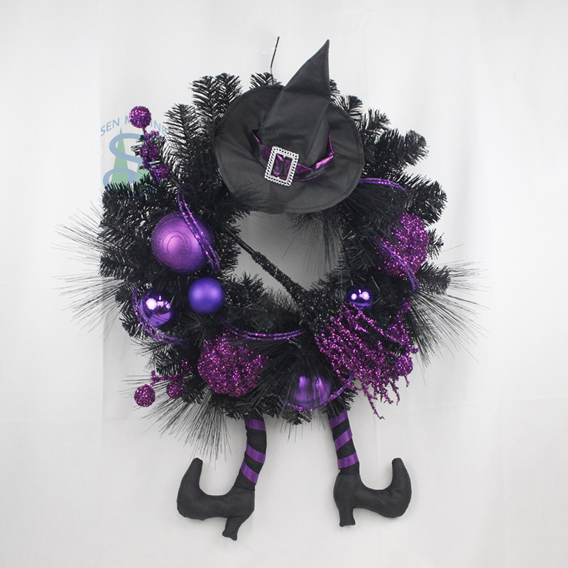 Senmasine 24Inch Halloween Wreaths with Leg black pine needle hat glitter broom branch pumpkin party decor