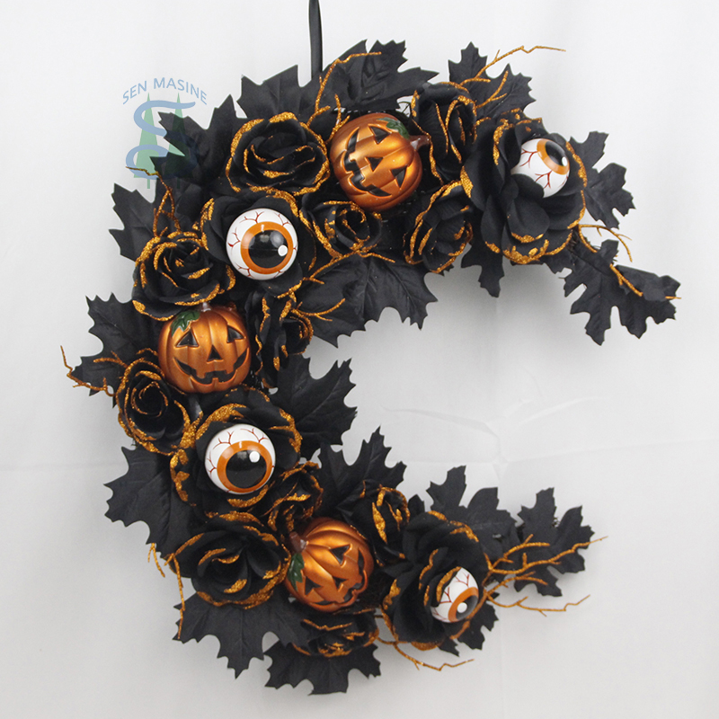 Senmasine 20Inch halloween front door wreath with black artificial leaf rose pumpkin eyes pattern ball Moon shape wreaths