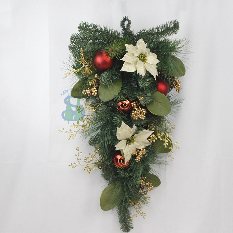 Senmasine 30 بوصة عيد الميلاد سوجس مع أكواز الصنوبر البونسيتة الاصطناعي بولي كلوريد الفينيل إبرة الصنوبر الكرة الحمراء الحلي