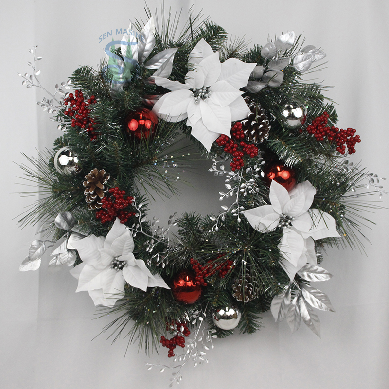 Senmasine 24 بوصة إكليل عيد الميلاد مع التوت الأحمر الأبيض البونسيتة أكواز الصنوبر الشظية ورقة بولي كلوريد الفينيل فرع إبرة الصنوبر المختلطة