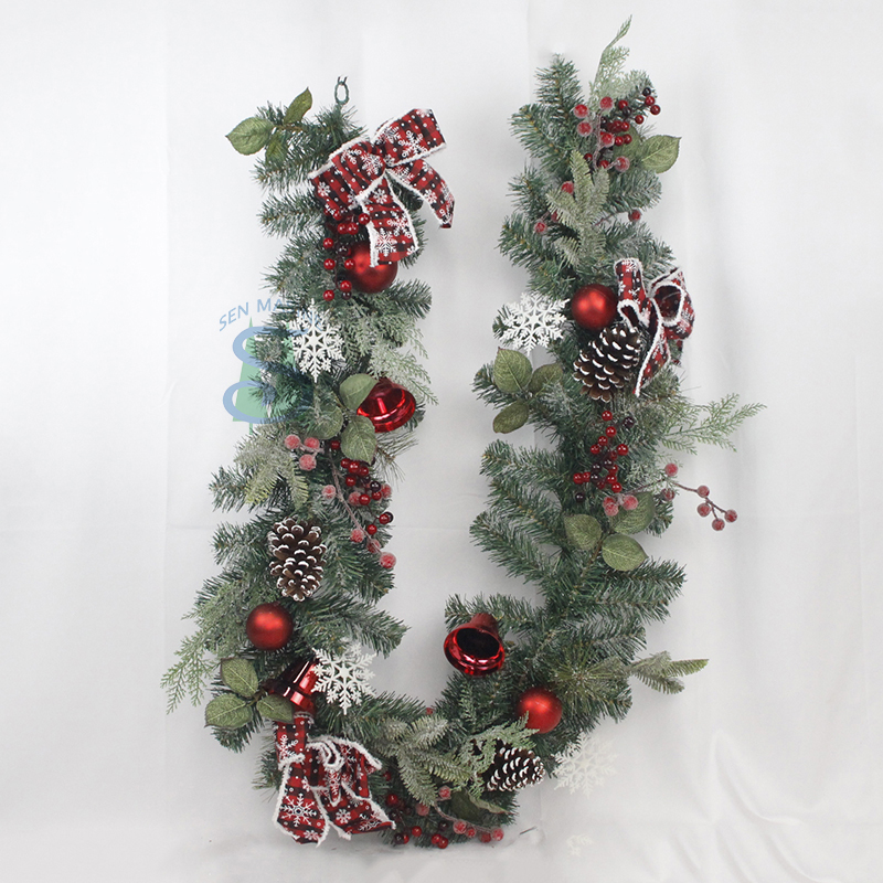 Senmasine 6ft christmas garland with pinecone red berries branch pine needle bell ornaments bows party festival hanging decor