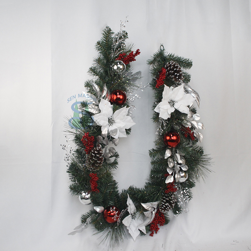 Senmasine 6ft hanging garland christmas with pinecones white poinsettia red berries sliver artificial leaves red balls