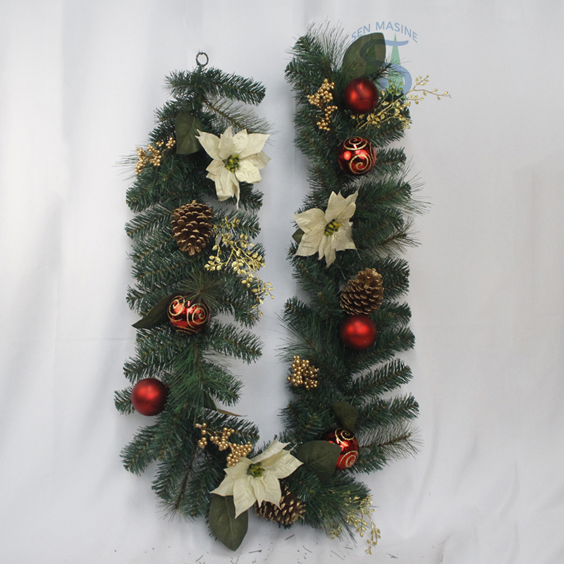 Senmasine 6ft indoor christmas garlands with poinsettia pinecone artificial pvc mixed pine needle red balls ornaments