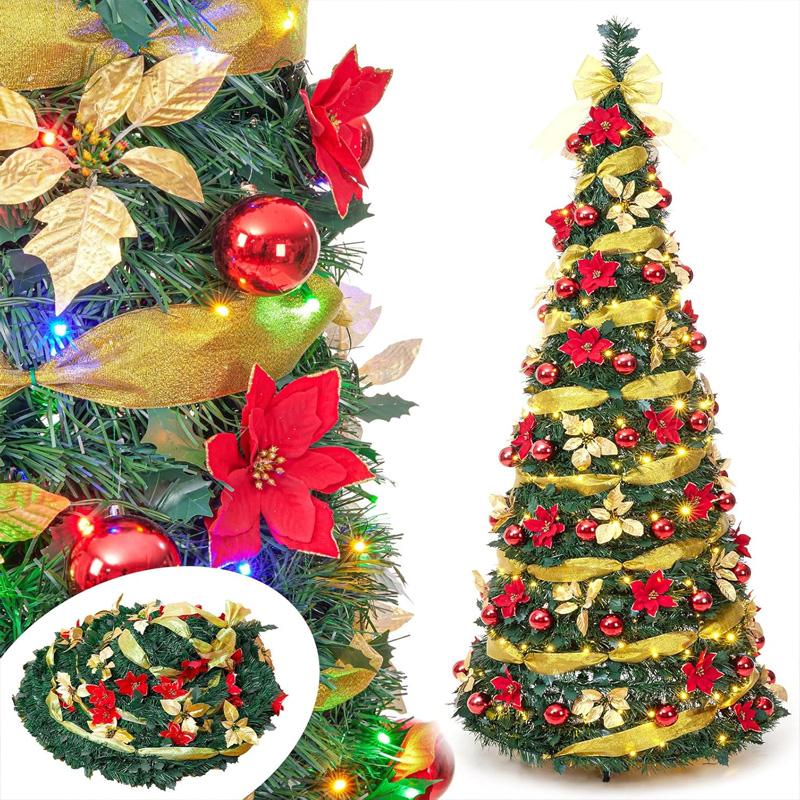 弹出的圣诞树，用于节日装饰五颜六色的LED灯拉起前装饰的金属可折叠树木