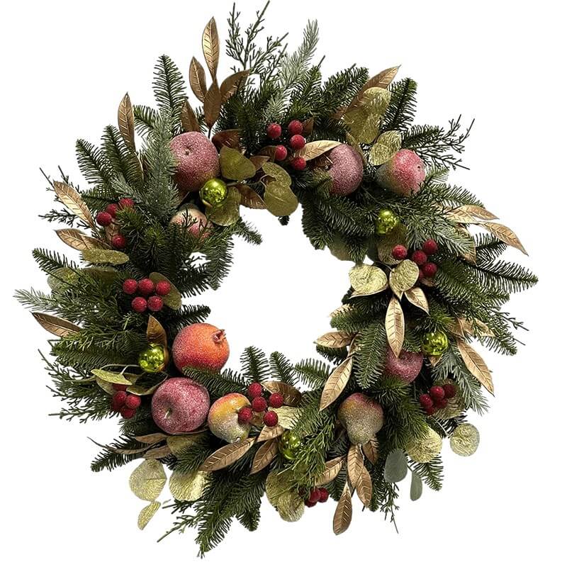 Senmasine 26 英寸圣诞水果花环带红色浆果金叶松针树枝前门悬挂装饰