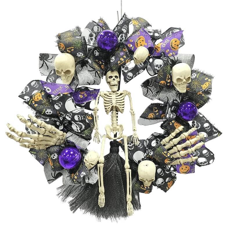 Senmasine 24Inch Spooky Scary Hand Head Skeleton Halloween Wreath with Purple ball black Bows Big Broom