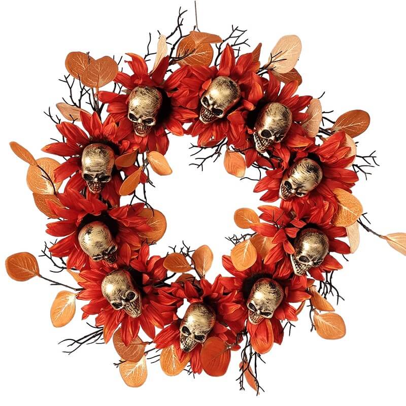 Senmasine 24 英寸头骨万圣节花环带黑色死枝向日葵幽灵恐怖装饰