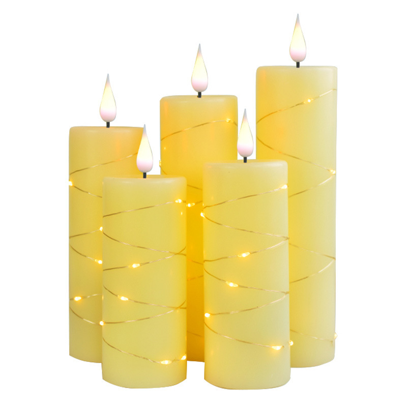 Flickering LED Pillar Real Wax Candle with Fairy Lights Battery Remote Control Timer Teardrop Wick Electronic Flameless Candles