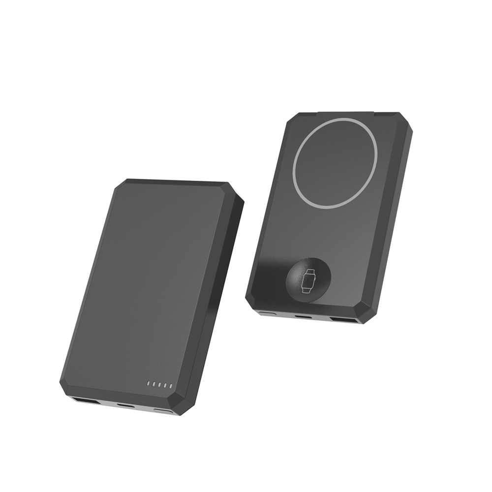 超薄 5000mAh 磁性无线充电器移动电源，带 LED 电量显示，适用于双 iPhone 和 Apple Watch 无线充电 (MH-P12)