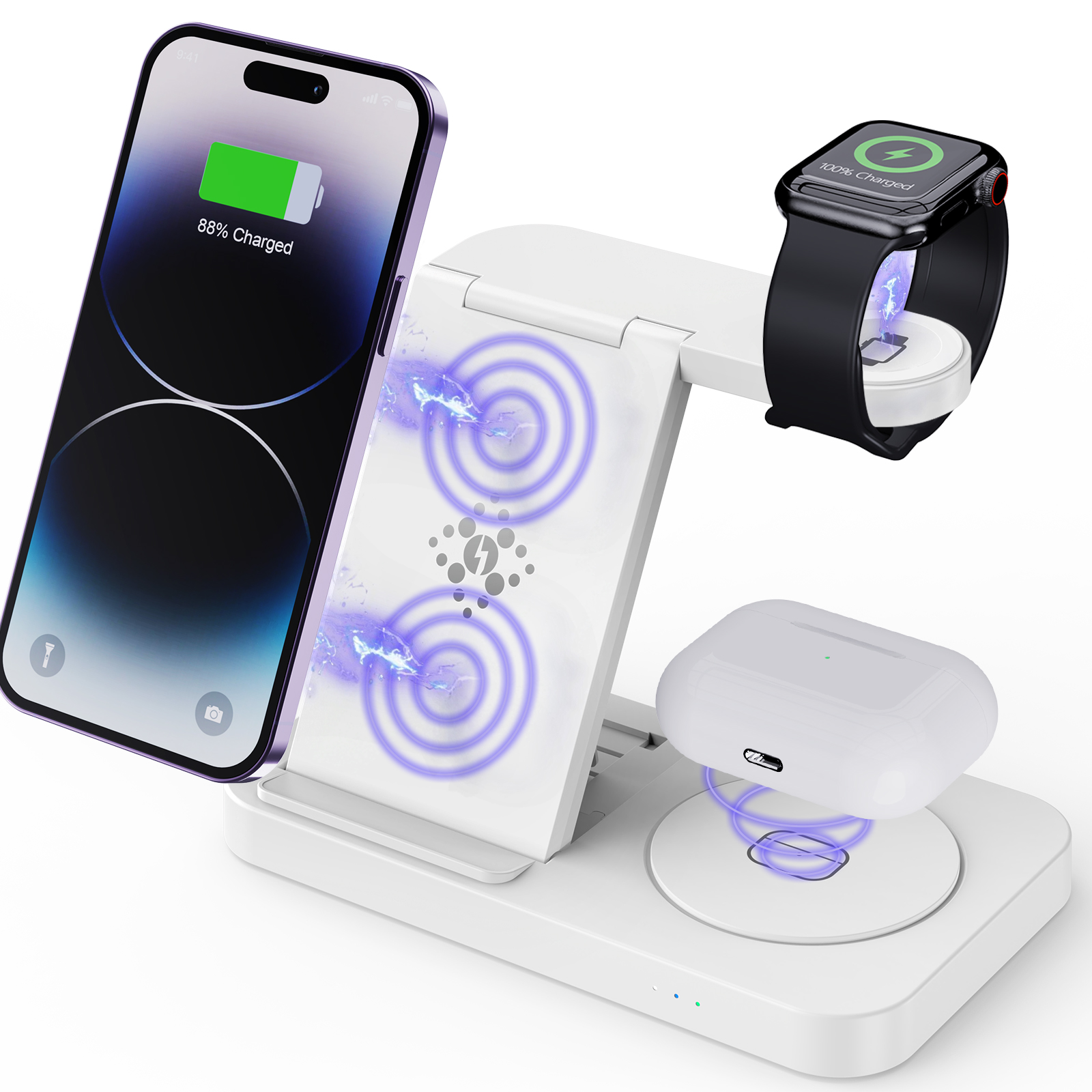 iWatch veya Galaxy Watch ve AirPod'lar veya Galaxy Buds ve Tüm Qi Uyumlu Telefonlar için Yeni Teknoloji Katlanabilir Hızlı Kablosuz Şarj İstasyonu (MH-Q400)