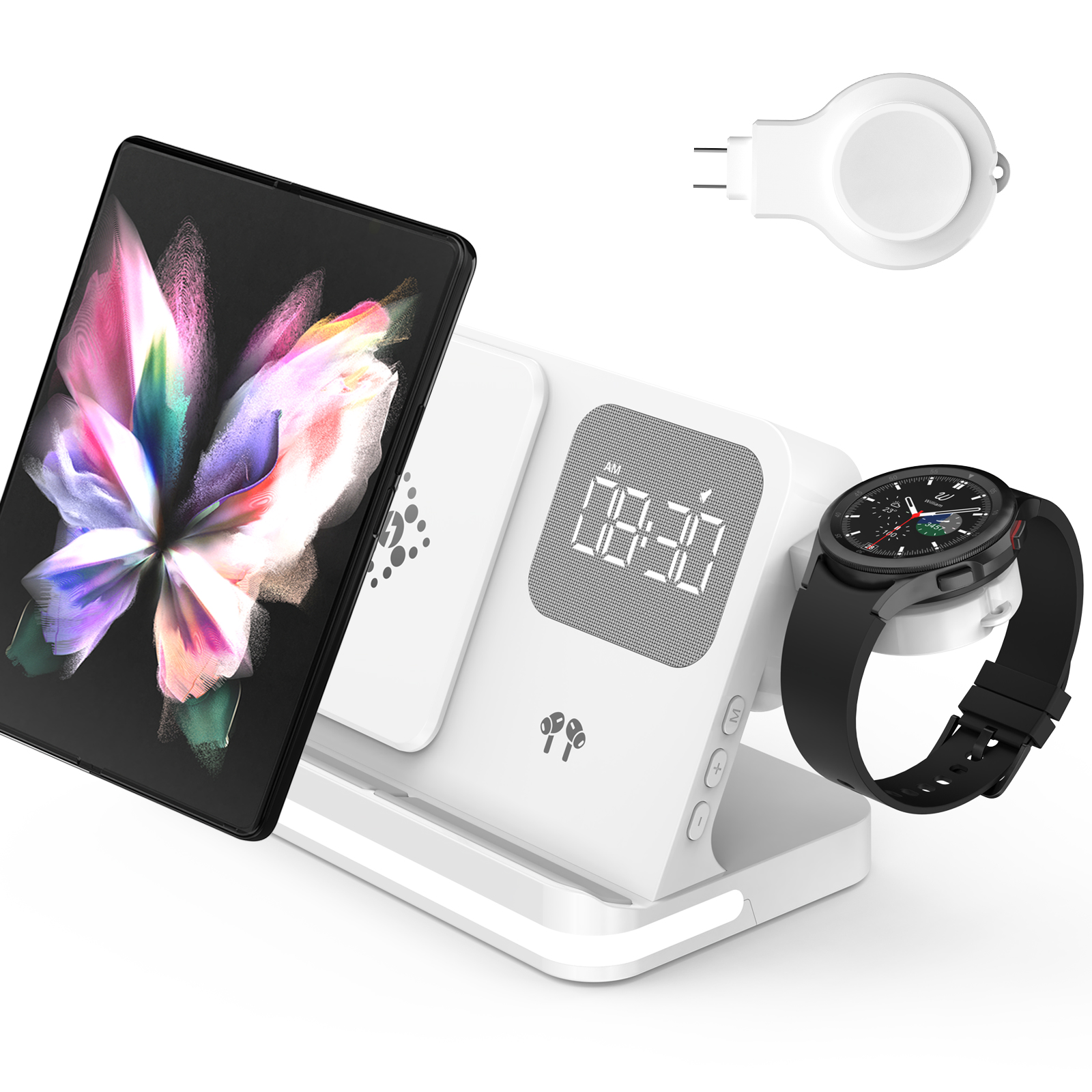 Customizable 5 in 1 15W Wireless Charging Alarm Clock With Touch Night Light and Detachable USB Module For Apple Watch and Samsung Galaxy Watch (MH-Q460)