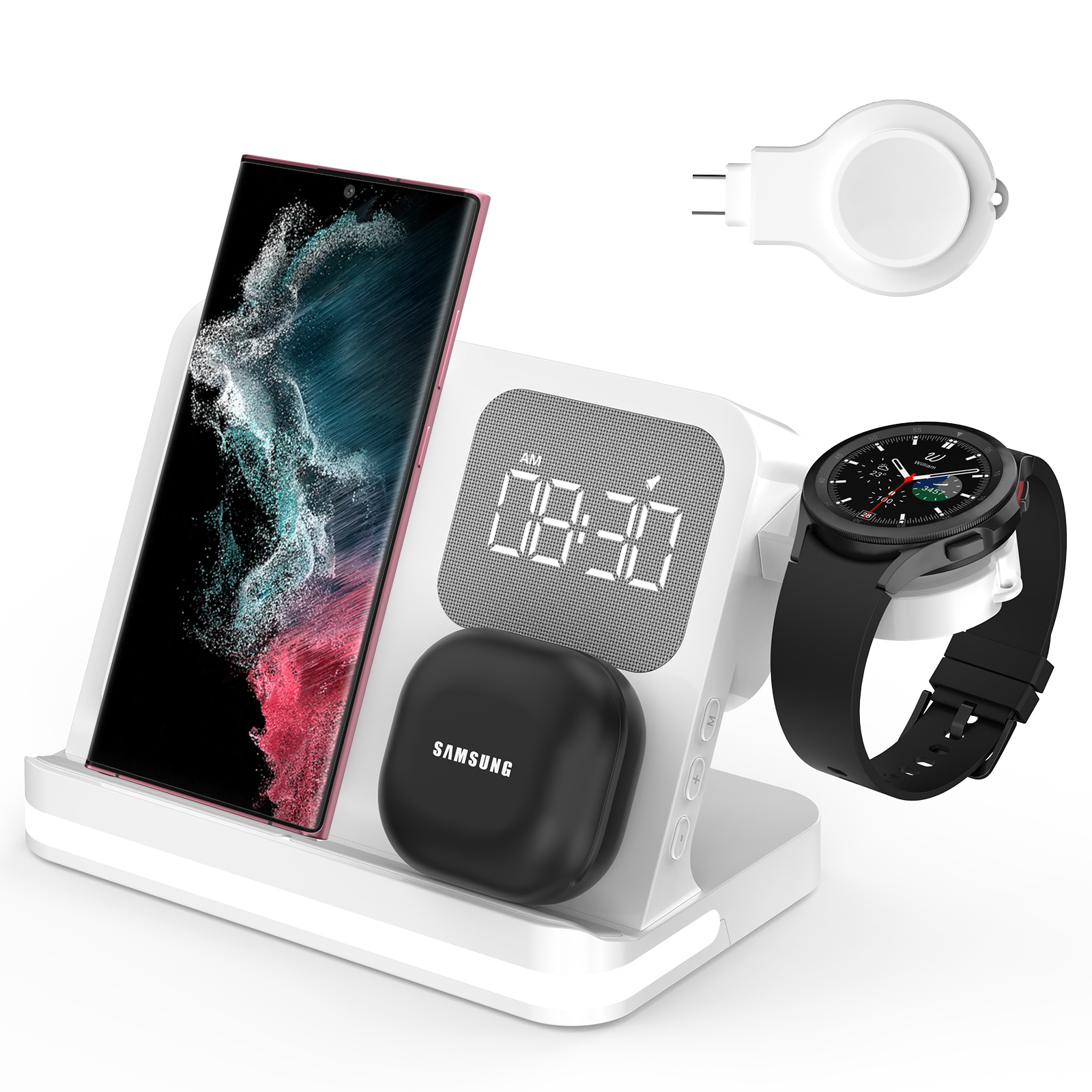 Customizable 5 in 1 15W Wireless Charging Alarm Clock With Touch Night Light and Detachable USB Module For Apple Watch and Samsung Galaxy Watch (MH-Q460)