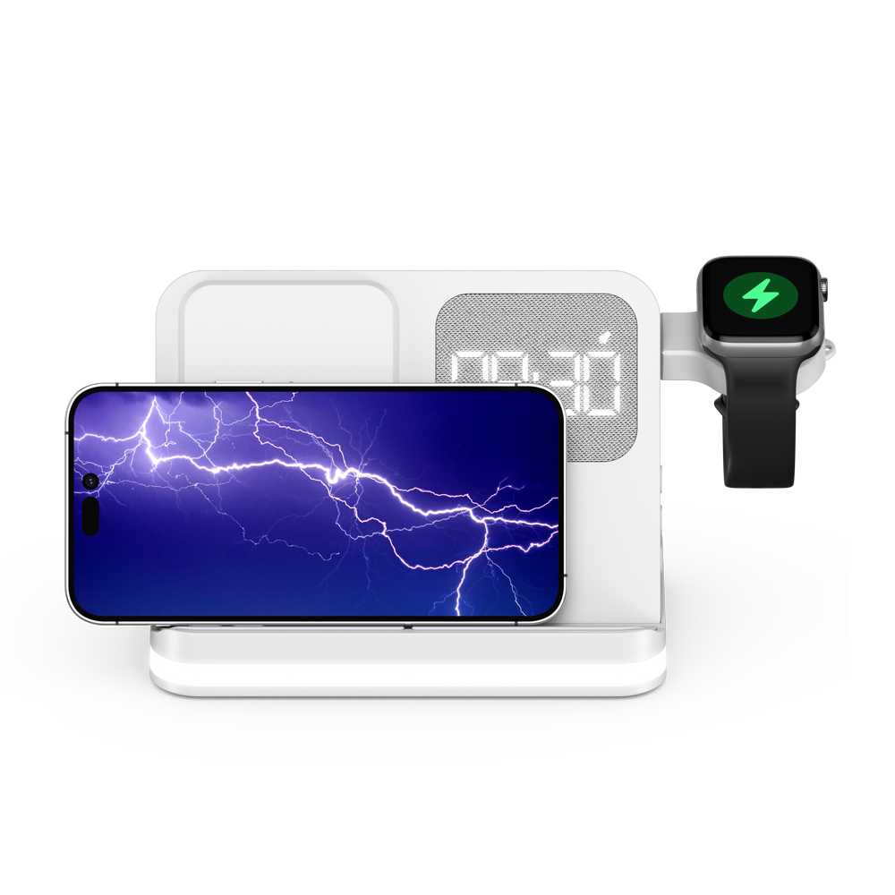 Customizable 5 in 1 15W Wireless Charging Alarm Clock With Touch Night Light and Detachable USB Module For Apple Watch and Samsung Galaxy Watch (MH-Q460)