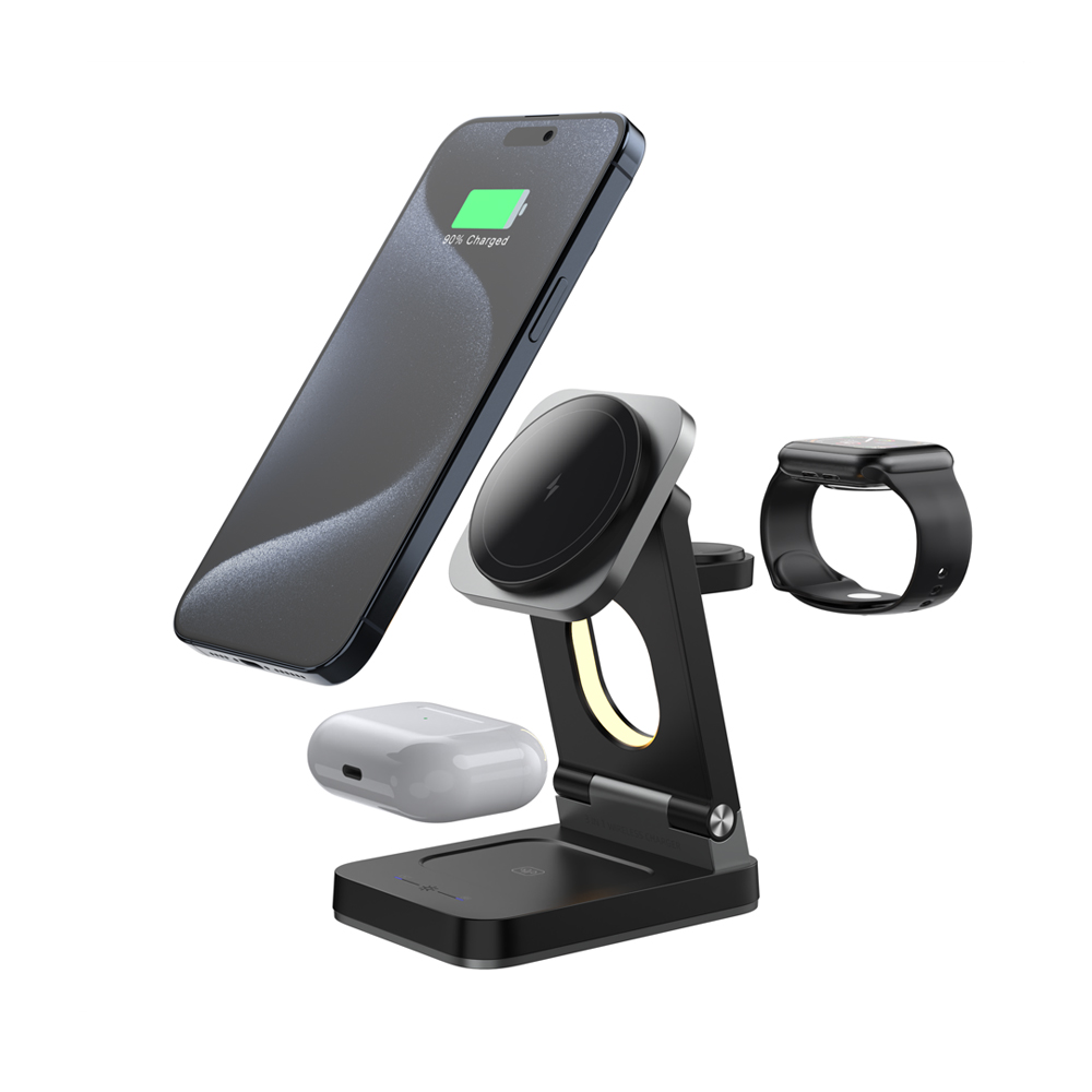 铝合金可折叠 MagSafe 无线充电器，带触摸夜灯和 LED 充电指示灯，适用于 Apple Watch AirPods 和 iPhone (MH-Q510)