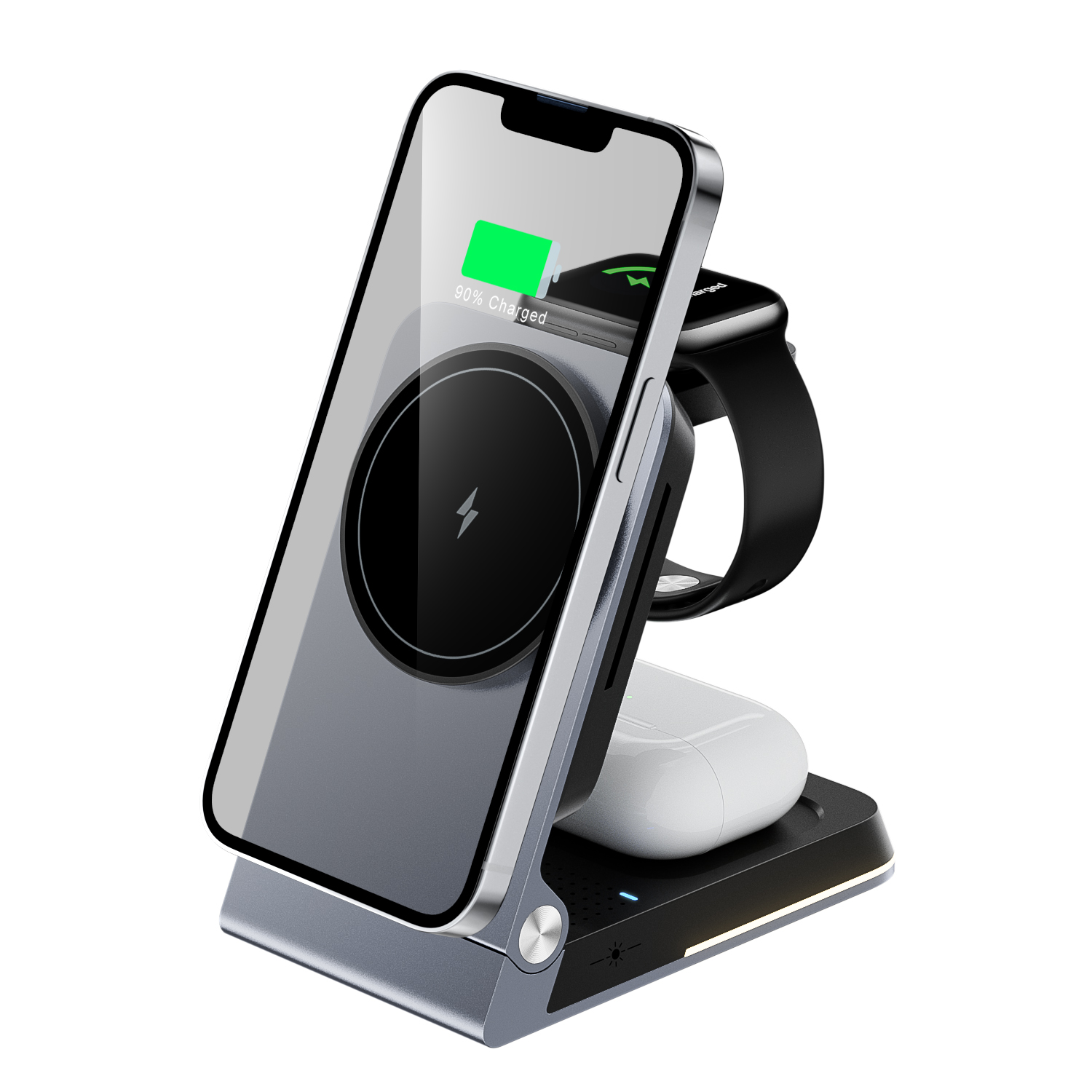 铝合金可折叠无线 MagSafe 充电器，带触摸夜灯和 LED 充电指示灯，适用于 Apple Watch AirPods 和 iPhone (MH-Q560)