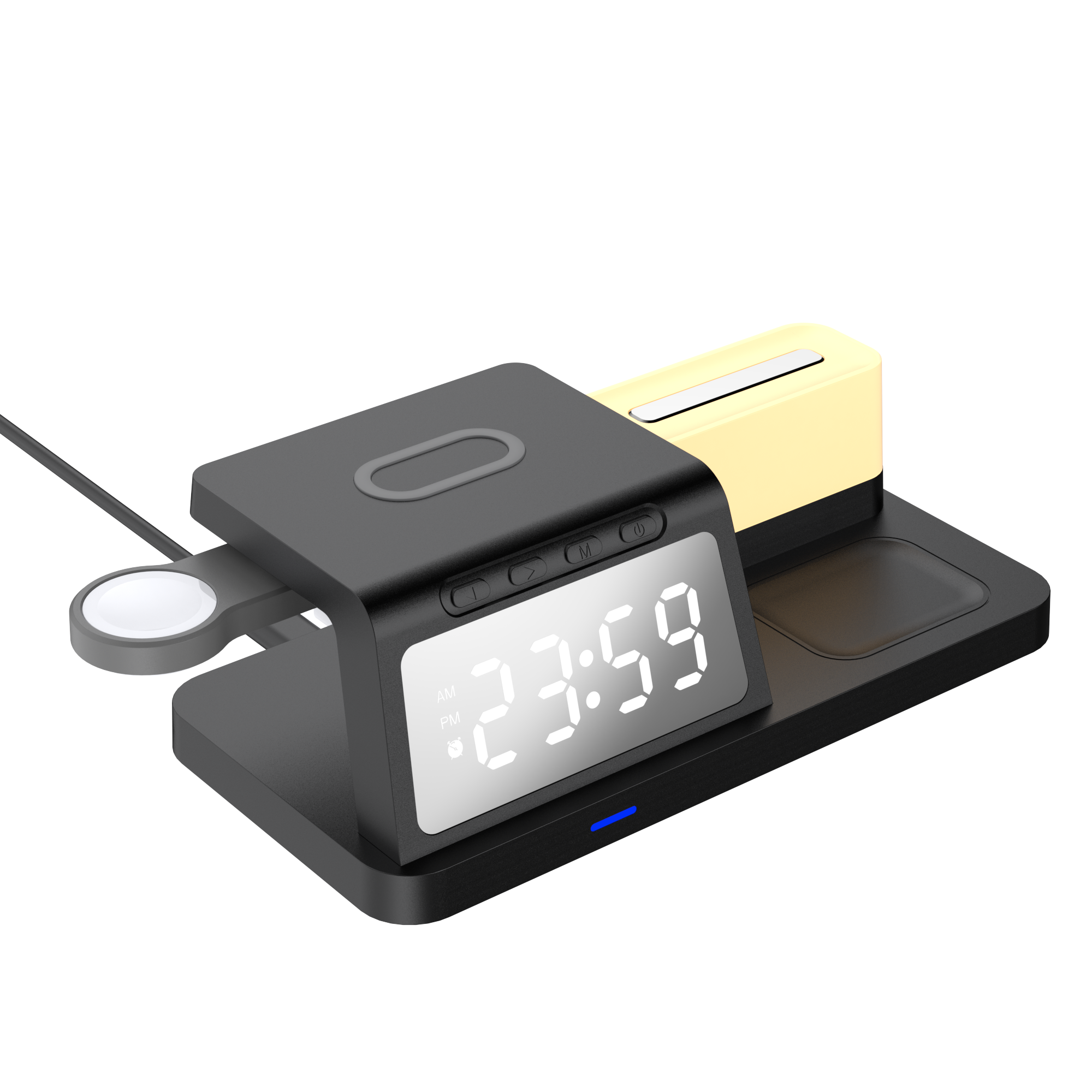 Precio competitivo Estación de reloj despertador de carga inalámbrica multifuncional de 15 W con luz LED de 7 colores y puerto USB adicional para cargar Apple Watch (MH-D70)