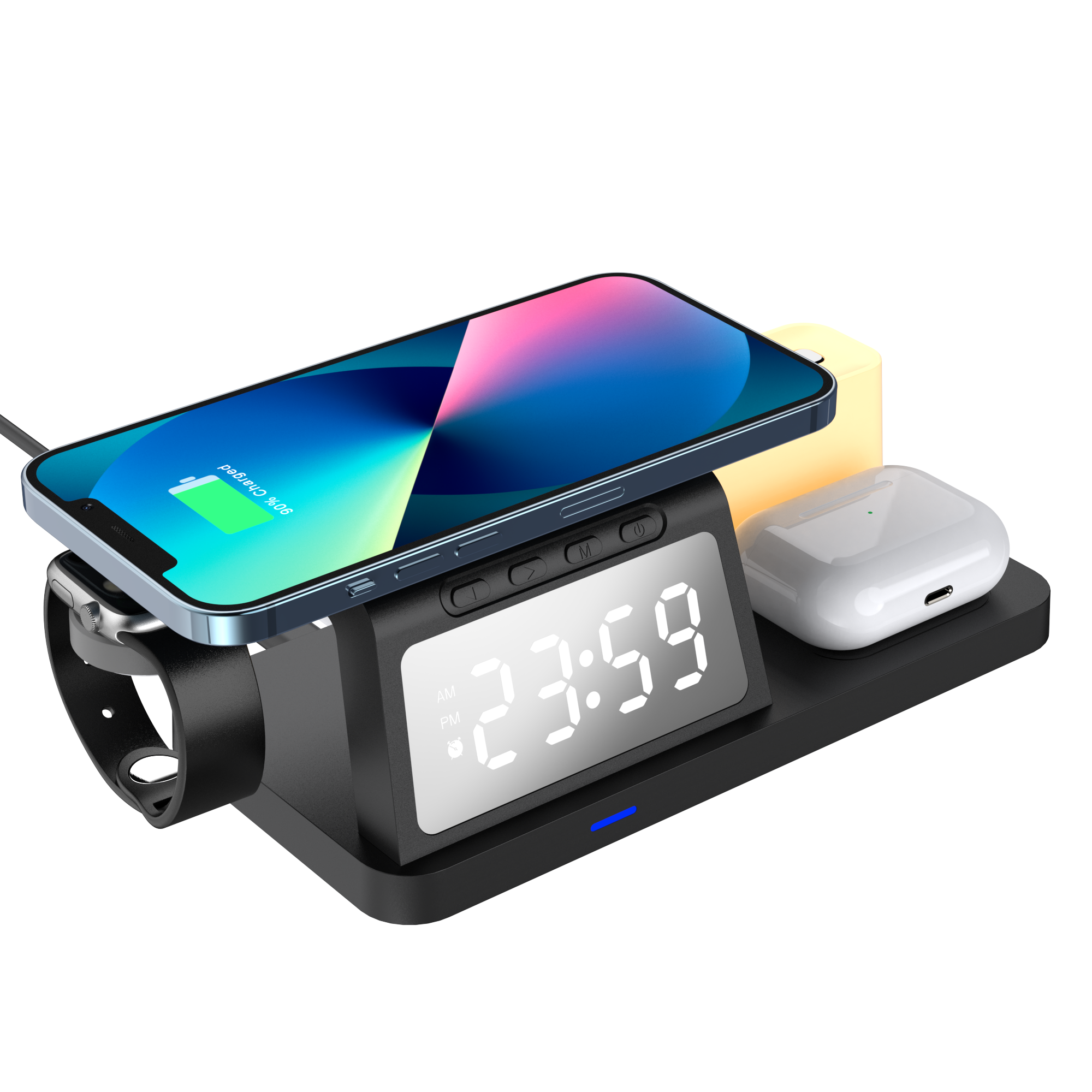 Precio competitivo Estación de reloj despertador de carga inalámbrica multifuncional de 15 W con luz LED de 7 colores y puerto USB adicional para cargar Apple Watch (MH-D70)