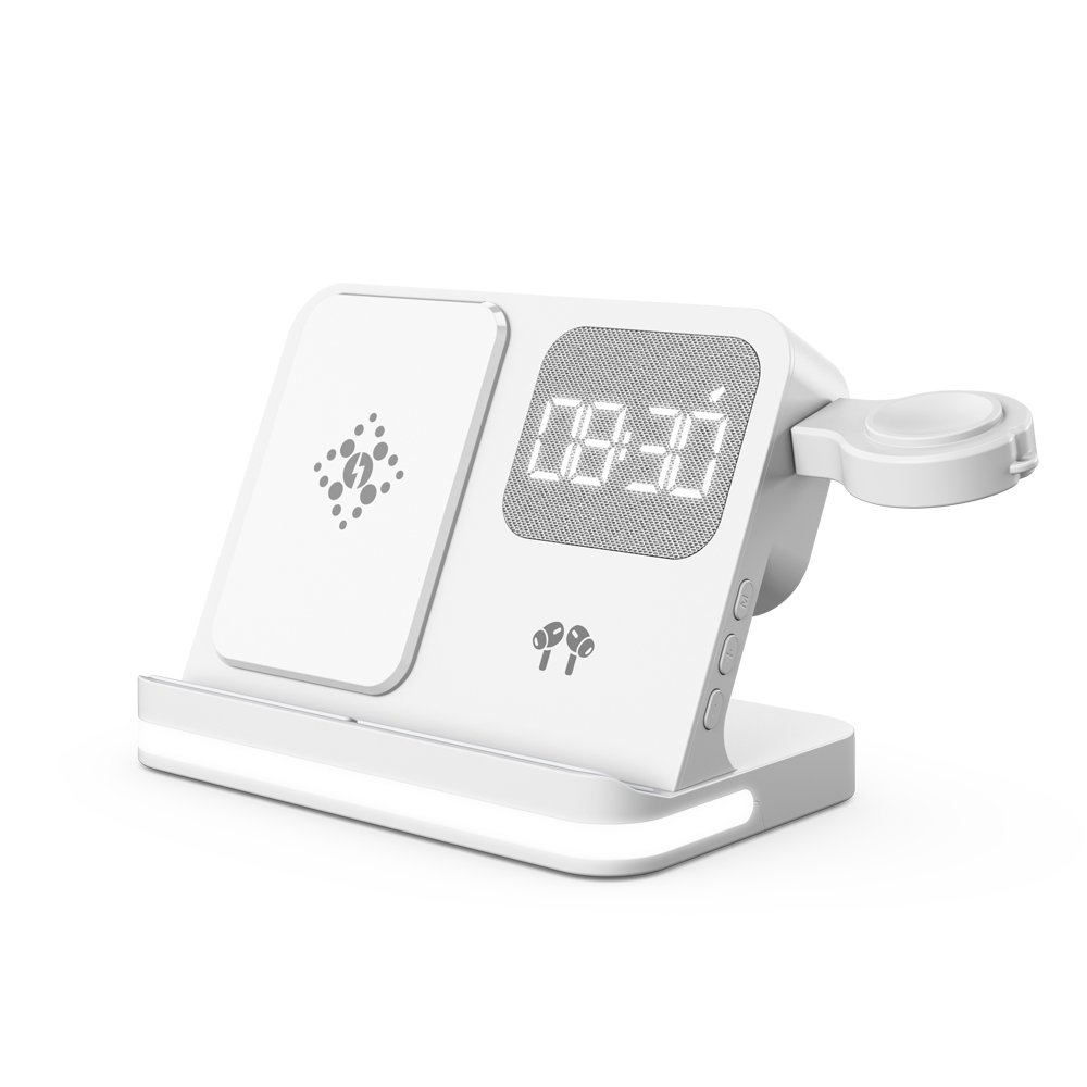 Customizable 5 in 1 15W Wireless Charging Alarm Clock With Touch Night Light and Detachable USB Module For Apple Watch and Samsung Galaxy Watch (MH-Q460)