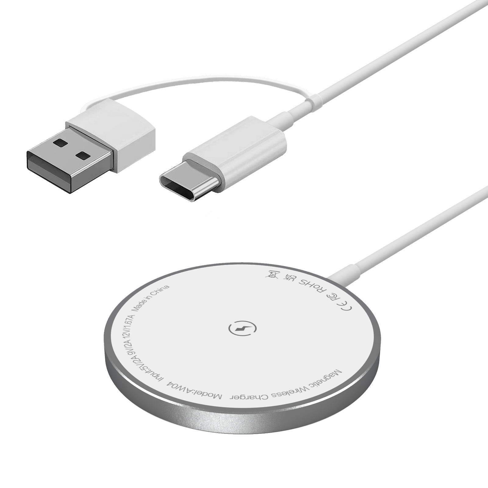 New Product Magnetic 15W Fast Wireless Charging Pad with Aluminum-Alloy Base and Built-in USB-A/USB-C Input Charging Cable (MH-D42)