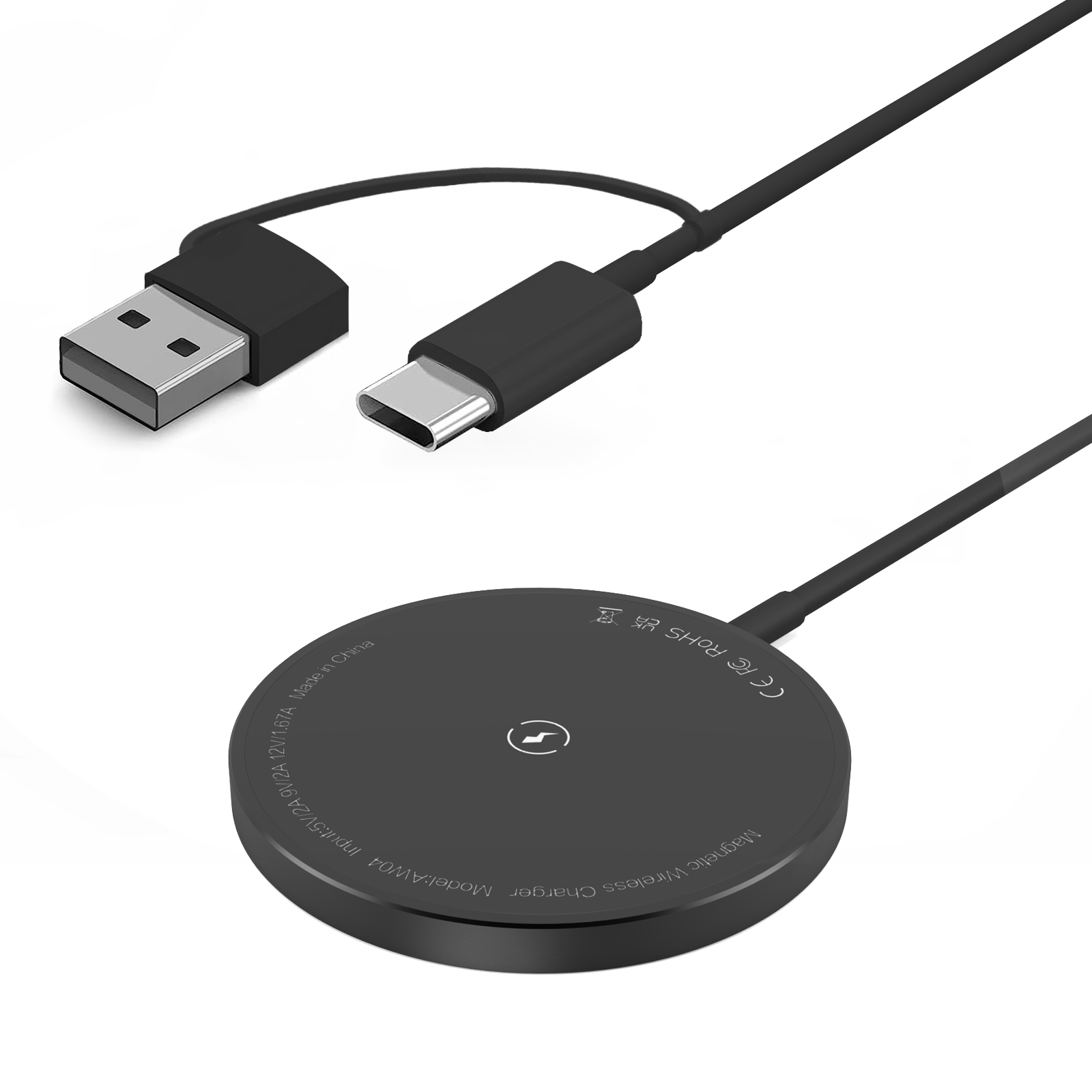 New Product Magnetic 15W Fast Wireless Charging Pad with Aluminum-Alloy Base and Built-in USB-A/USB-C Input Charging Cable (MH-D42)