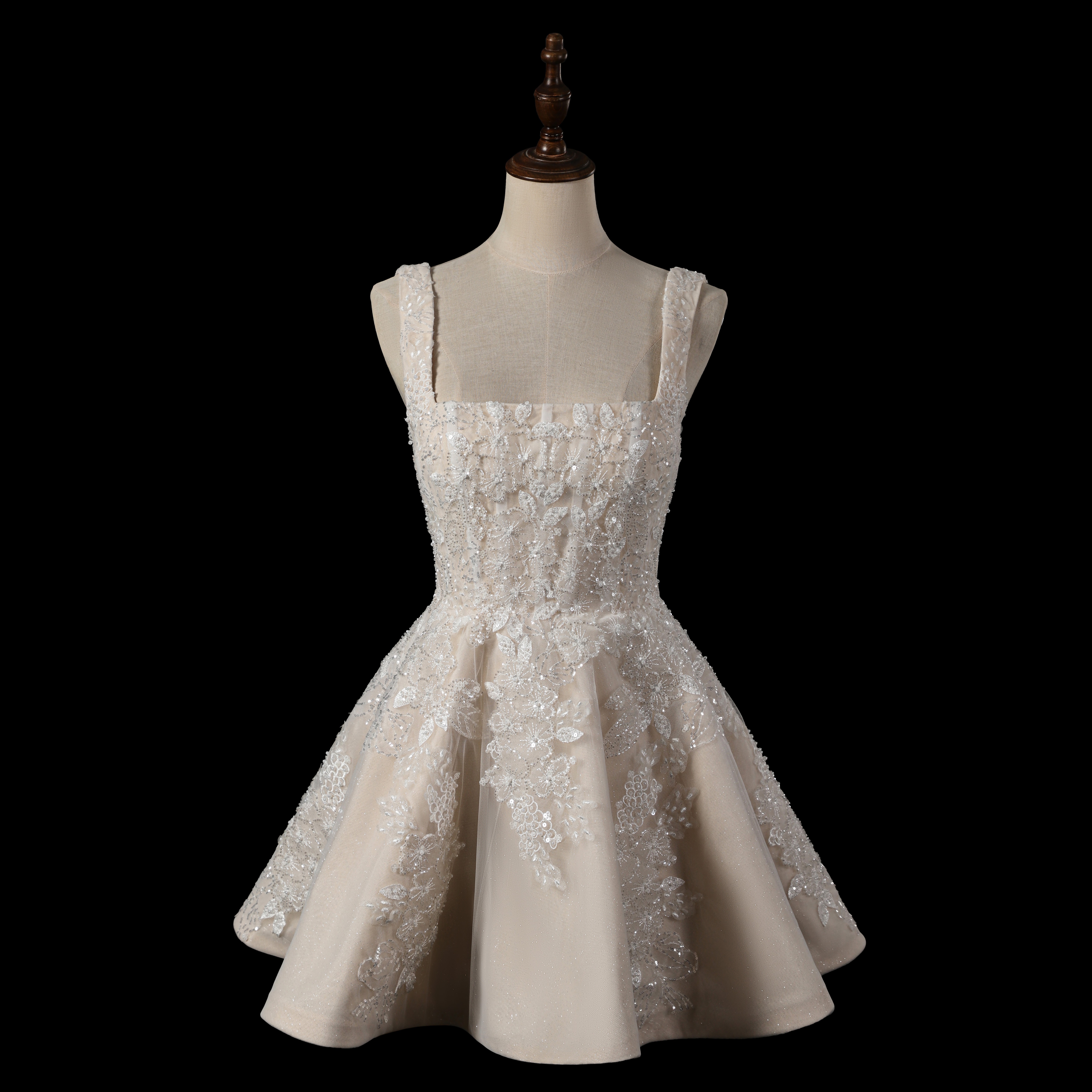 Vestido de novia corto de encaje a una línea A de champán