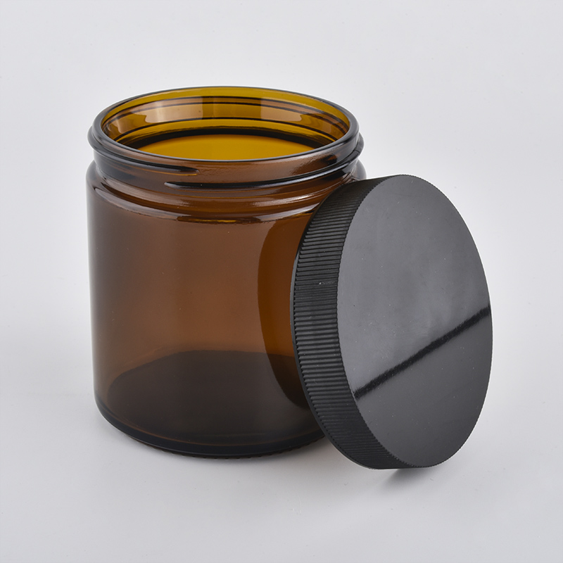 popular 12oz amber color glass candle jar with black lid wholesale