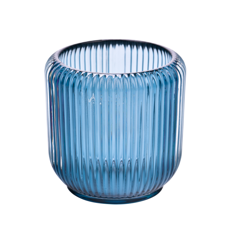 Wholesale newly design vertical glass candle vessel with blue color on 8oz glass candle holder