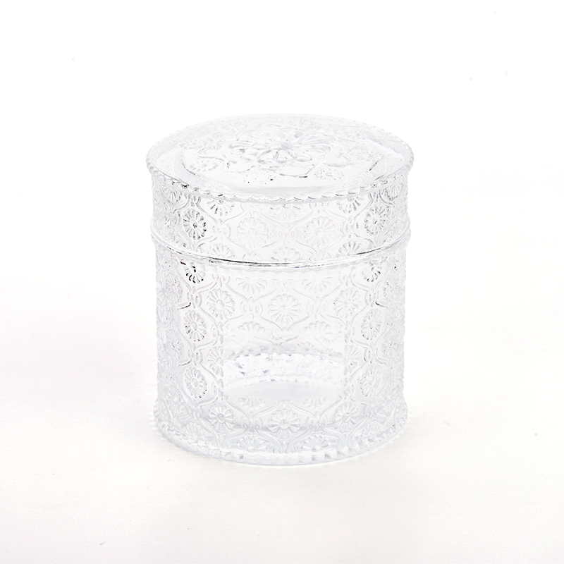 Customized 475ml Embossed Glass Candle Vessels with Lids Home Decoration