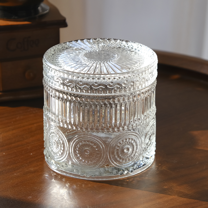 Embossed Glass Candle Jars with Lids Wholesale