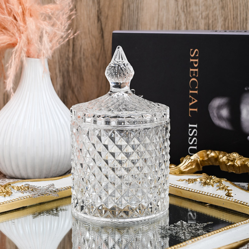 Classic GEO Embossed Glass Candle Vessel With Lids Wholesale