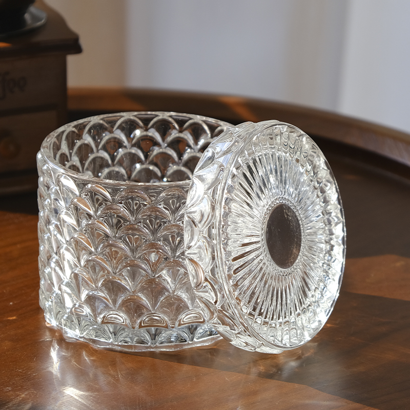 Luxury Empty Embossed Glass Candle Jar Candle Glass Container Holder With Glass Lid For Candle Making